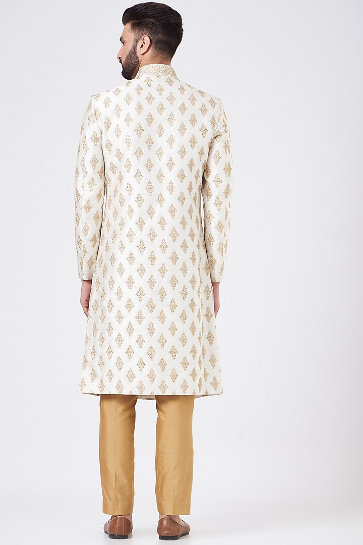 Ivory Silk Embroidered Wedding Sherwani Set by GUJRALS at Pernia's Pop Up Shop