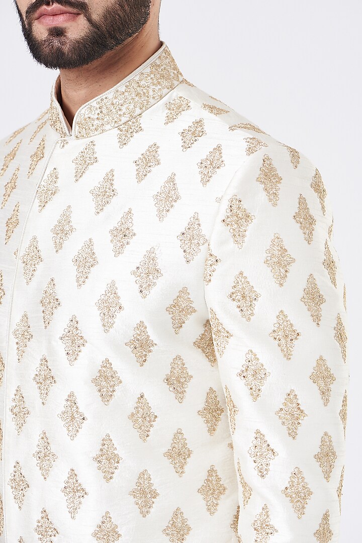 Ivory Silk Embroidered Wedding Sherwani Set by GUJRALS at Pernia's Pop Up Shop