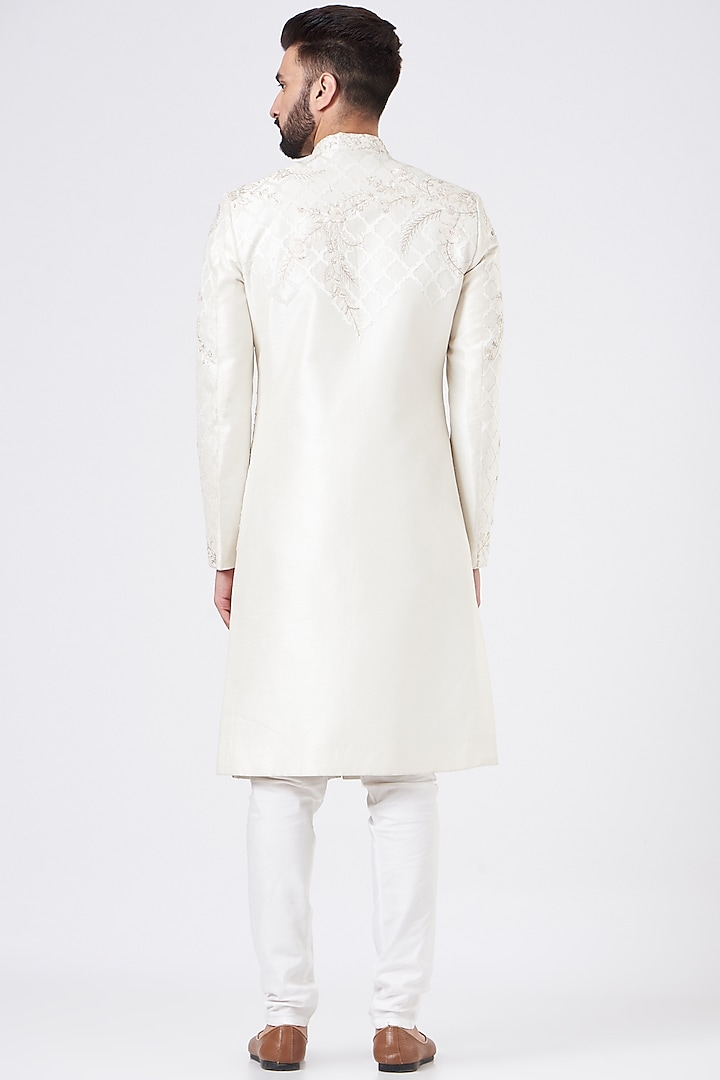 Ivory Silk Embroidered Wedding Sherwani Set by GUJRALS at Pernia's Pop Up Shop