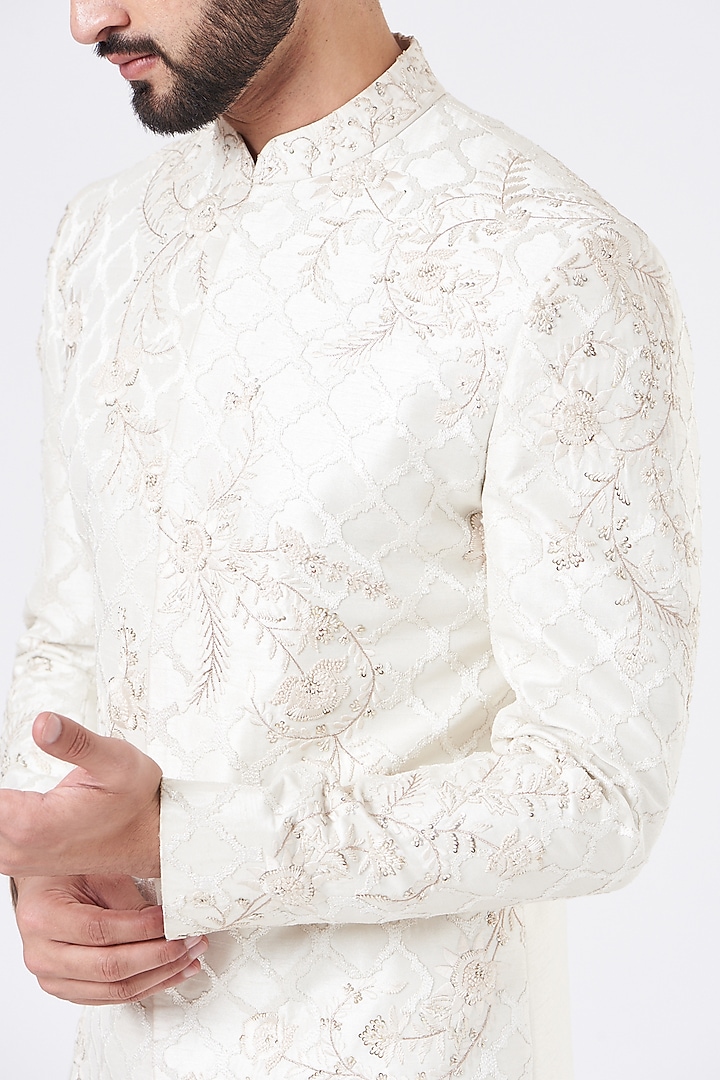 Ivory Silk Embroidered Wedding Sherwani Set by GUJRALS at Pernia's Pop Up Shop