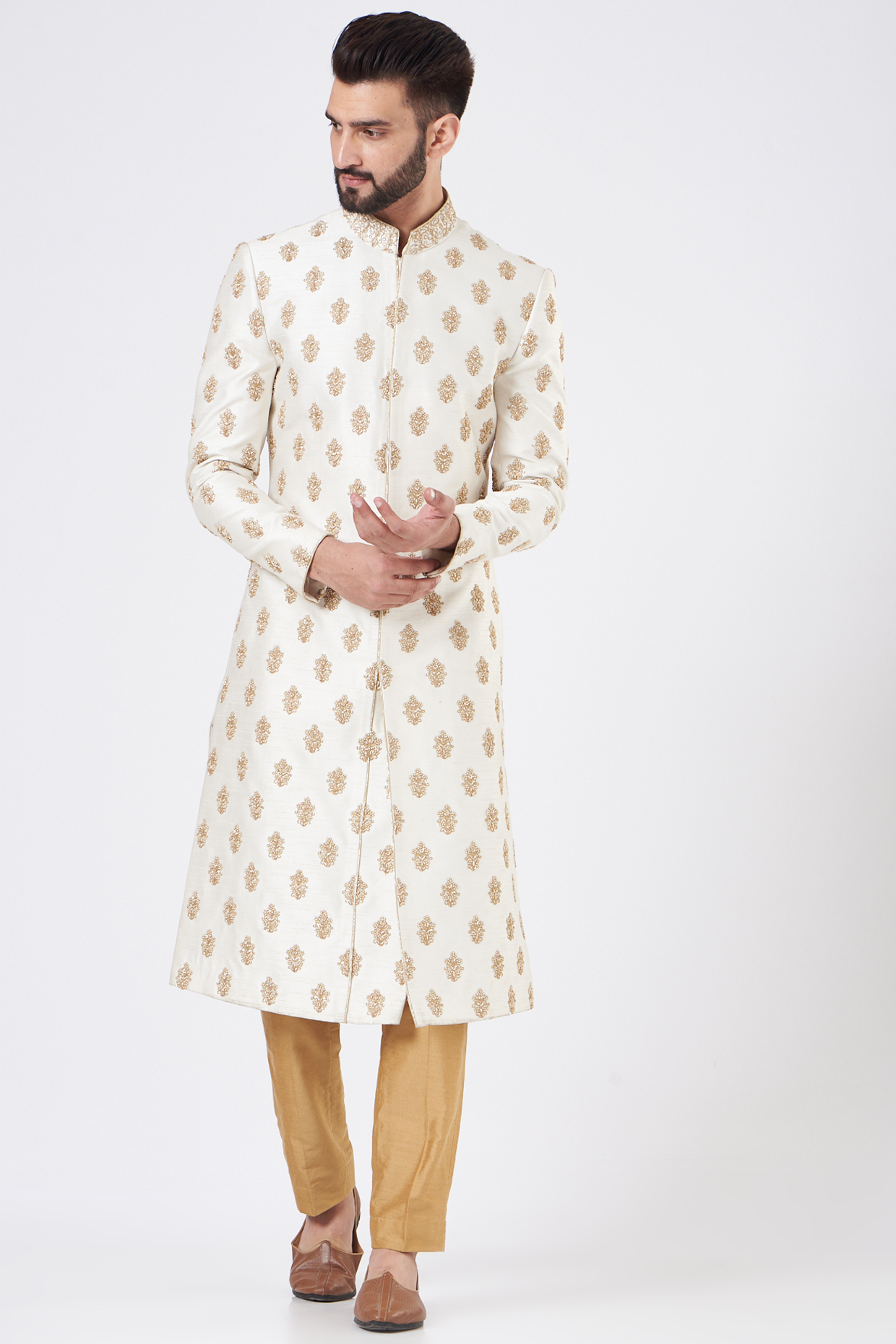 Ivory Silk Embroidered Groom Sherwani Set by GUJRALS at Pernia's Pop Up Shop