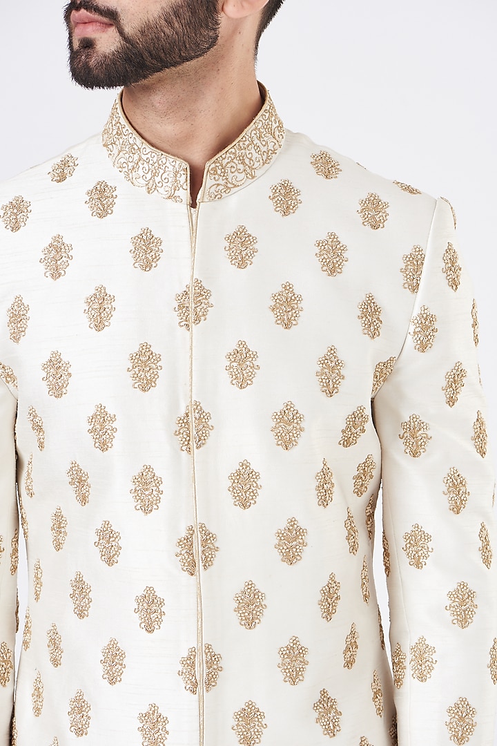 Ivory Silk Embroidered Groom Sherwani Set by GUJRALS at Pernia's Pop Up Shop