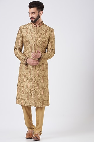 Gold Silk Sherwani Set by GUJRALS