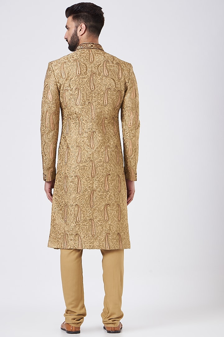 Gold Silk Groom Sherwani Set by GUJRALS at Pernia's Pop Up Shop