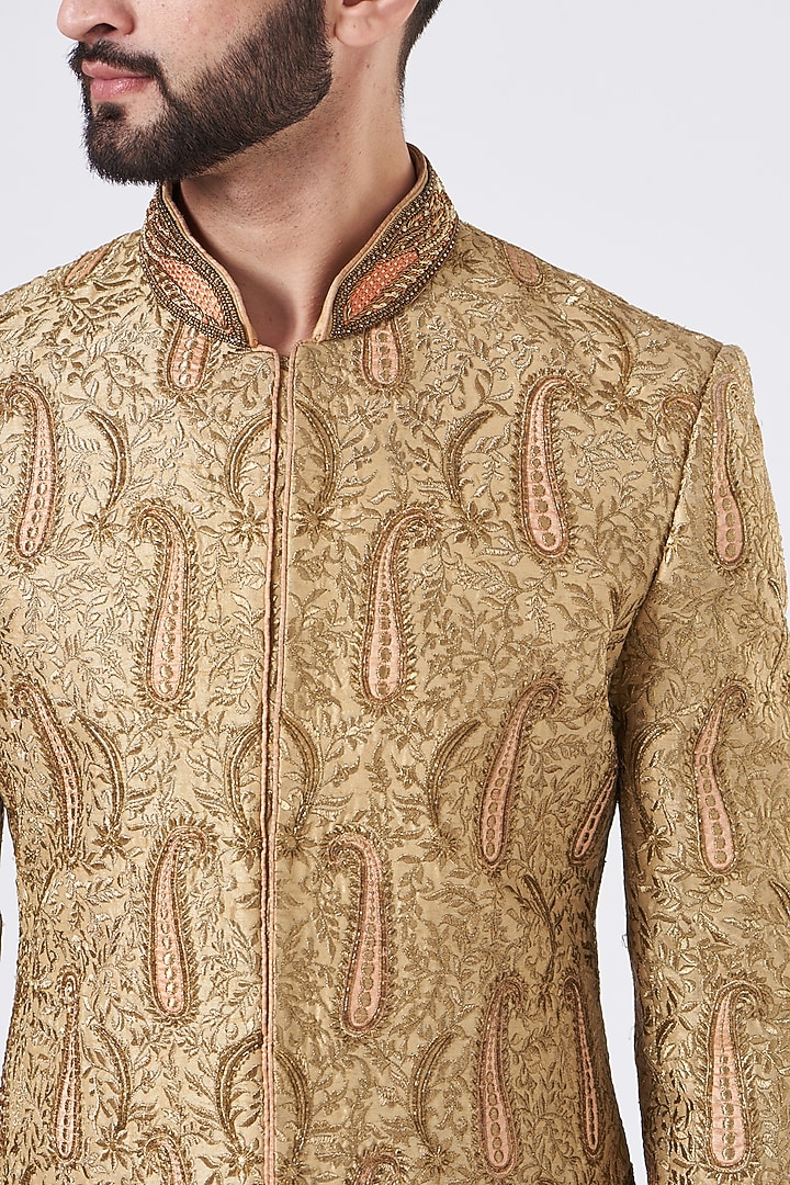 Gold Silk Groom Sherwani Set by GUJRALS at Pernia's Pop Up Shop