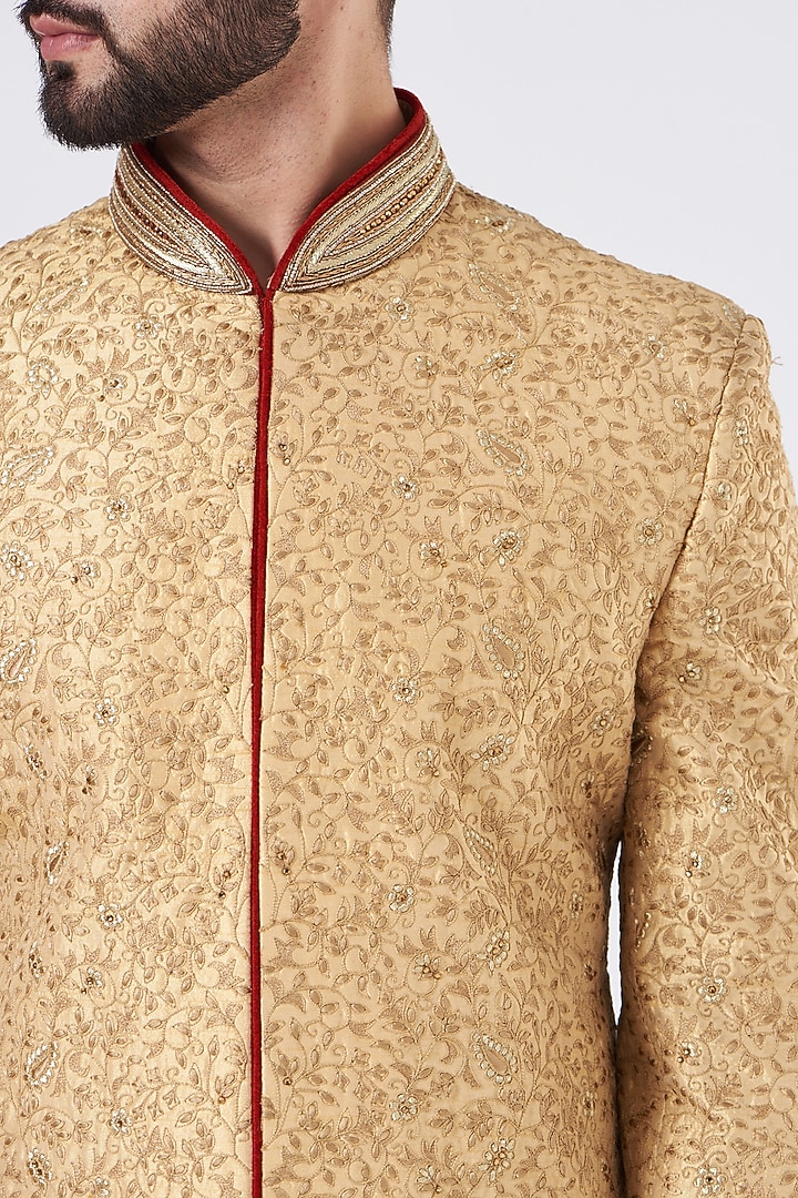 Antique Gold Silk Thread Embroidered Groom Sherwani Set by GUJRALS at Pernia's Pop Up Shop