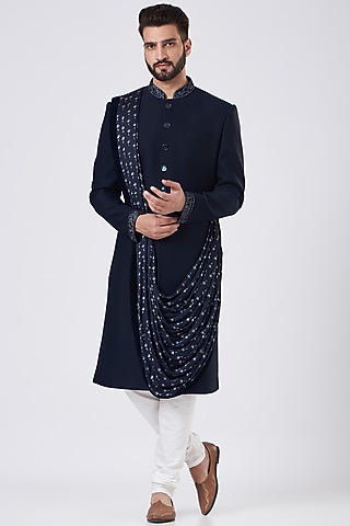 Blue Terry Rayon Draped Sherwani Set by GUJRALS