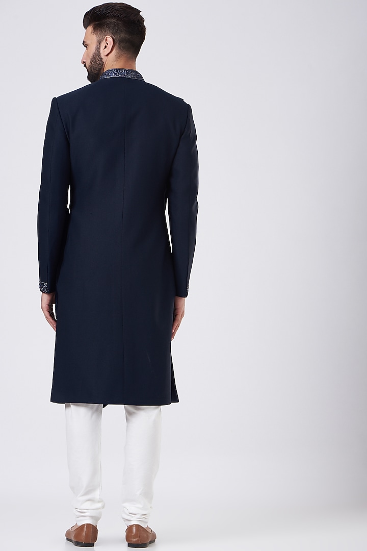 Blue Terry Rayon Draped Wedding Sherwani Set by GUJRALS at Pernia's Pop Up Shop