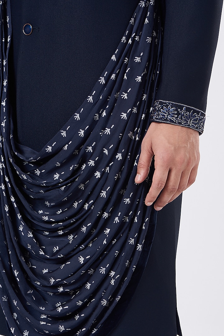 Blue Terry Rayon Draped Wedding Sherwani Set by GUJRALS at Pernia's Pop Up Shop
