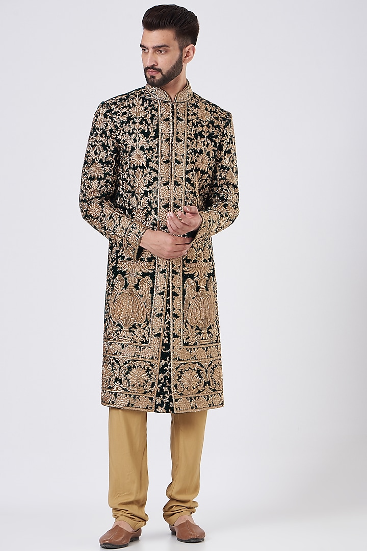 Bottle Green Velvet Zari Hand Embroidered Groom Sherwani Set by GUJRALS at Pernia's Pop Up Shop