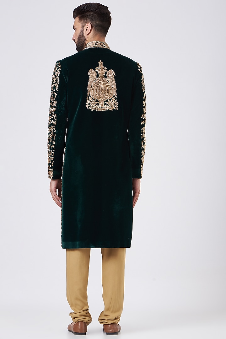 Bottle Green Velvet Zari Hand Embroidered Groom Sherwani Set by GUJRALS at Pernia's Pop Up Shop