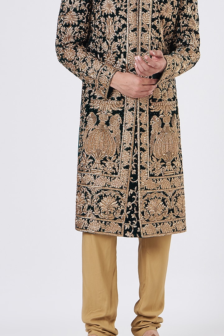 Bottle Green Velvet Zari Hand Embroidered Groom Sherwani Set by GUJRALS at Pernia's Pop Up Shop