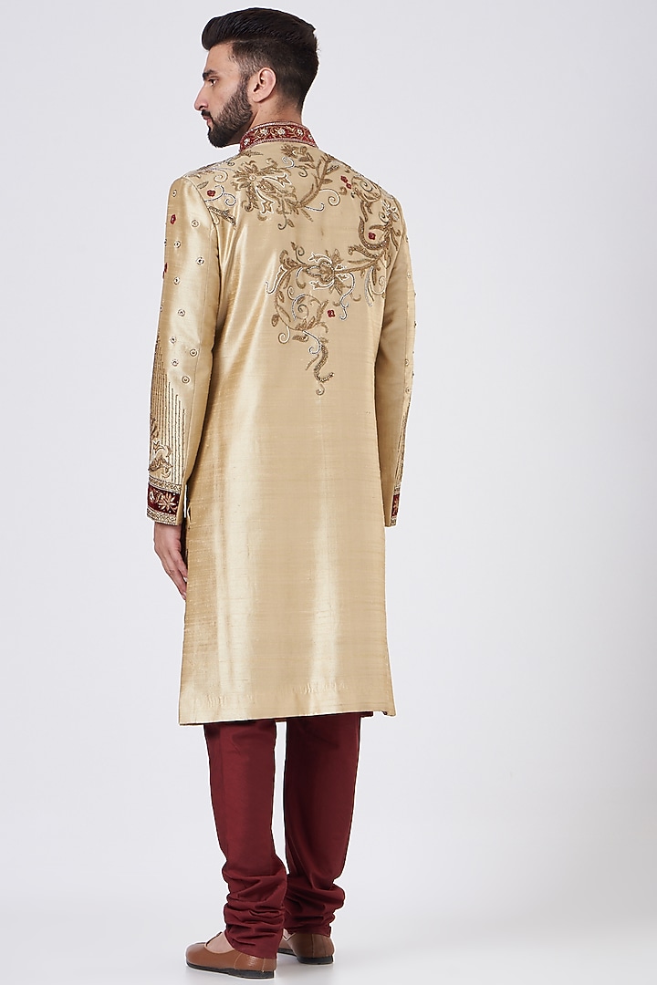 Gold Silk Zari Hand Embroidered Groom Sherwani Set by GUJRALS at Pernia's Pop Up Shop