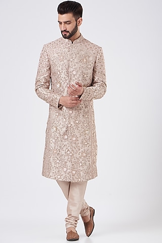 Rose Pink Silk Embroidered Sherwani Set by GUJRALS