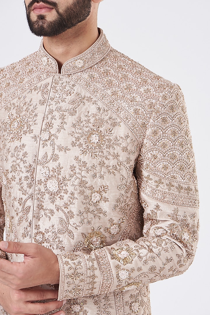 Rose Pink Silk Embroidered Groom Sherwani Set by GUJRALS at Pernia's Pop Up Shop