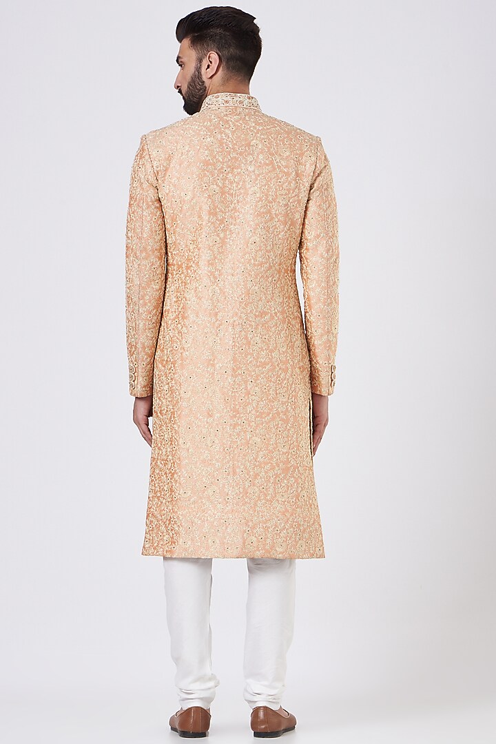 Peach Silk Pearl Embroidered Groom Sherwani Set by GUJRALS at Pernia's Pop Up Shop