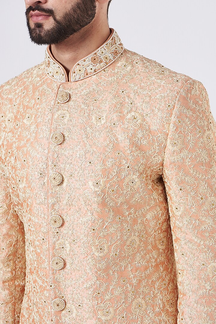 Peach Silk Pearl Embroidered Groom Sherwani Set by GUJRALS at Pernia's Pop Up Shop