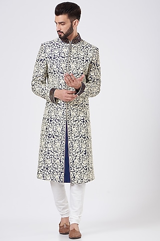 Blue Raw Silk Sherwani Set by GUJRALS