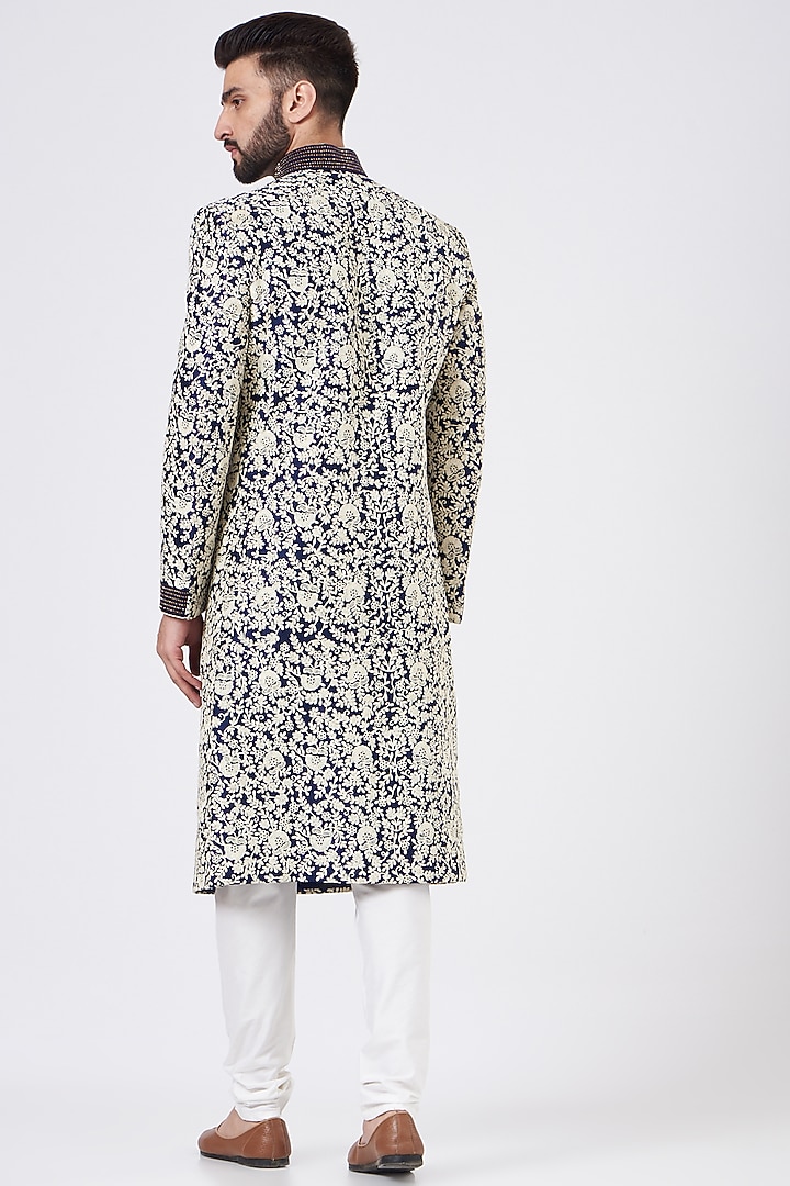 Blue Raw Silk Groom Sherwani Set by GUJRALS at Pernia's Pop Up Shop