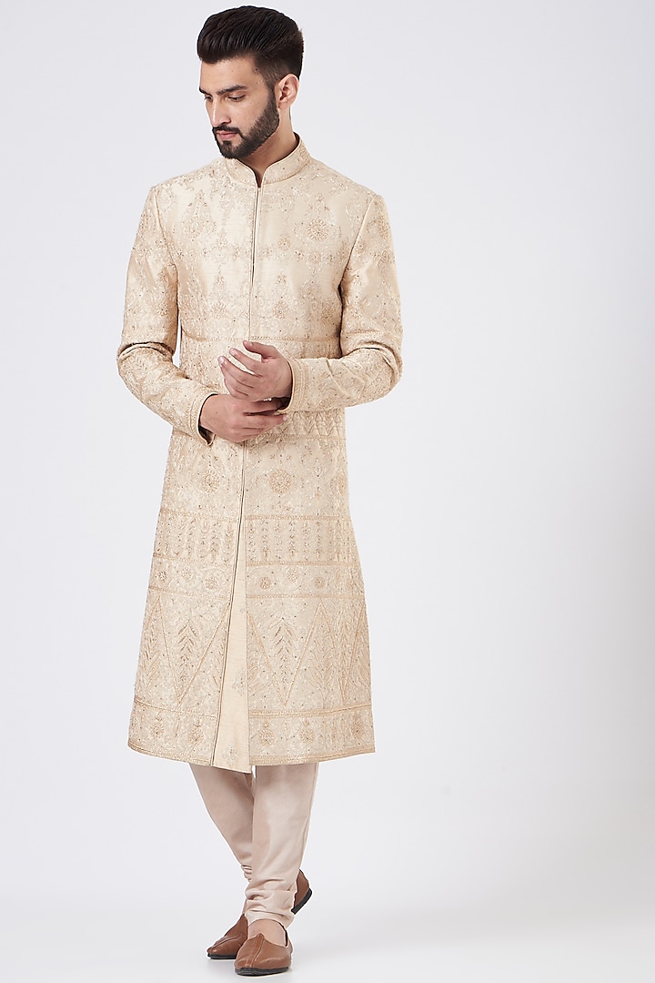 Beige Silk Sherwani Set by GUJRALS