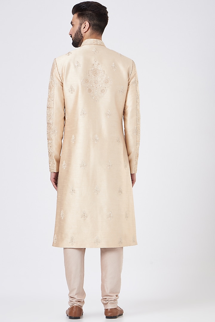 Beige Silk Groom Sherwani Set by GUJRALS at Pernia's Pop Up Shop
