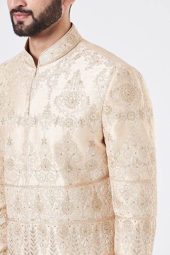 Beige Silk Groom Sherwani Set by GUJRALS at Pernia's Pop Up Shop