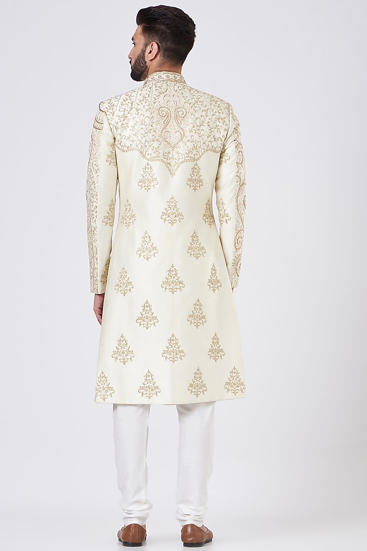 Creme Silk Groom Sherwani Set by GUJRALS at Pernia's Pop Up Shop