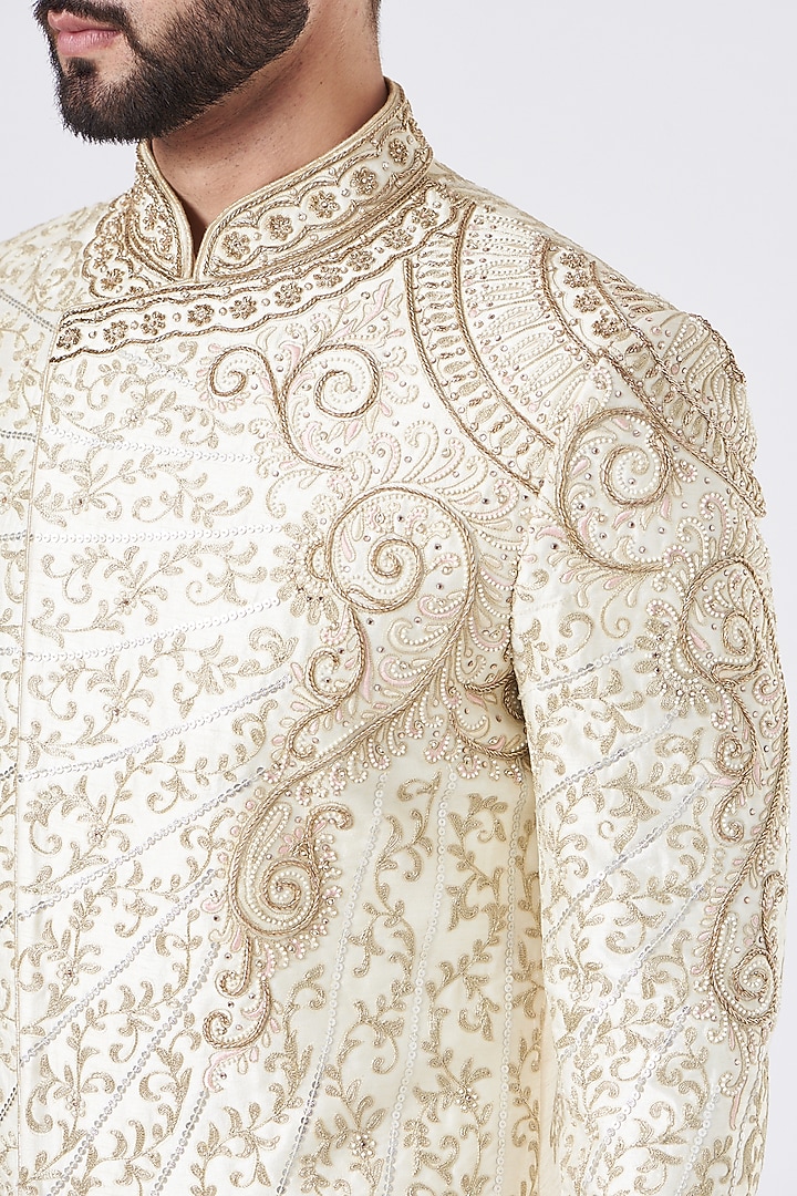 Creme Silk Groom Sherwani Set by GUJRALS at Pernia's Pop Up Shop