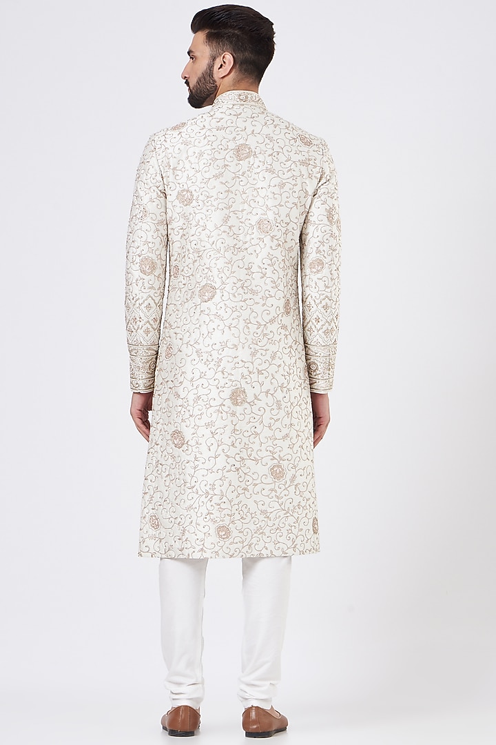 Ivory Velvet Embroidered Groom Sherwani Set by GUJRALS at Pernia's Pop Up Shop