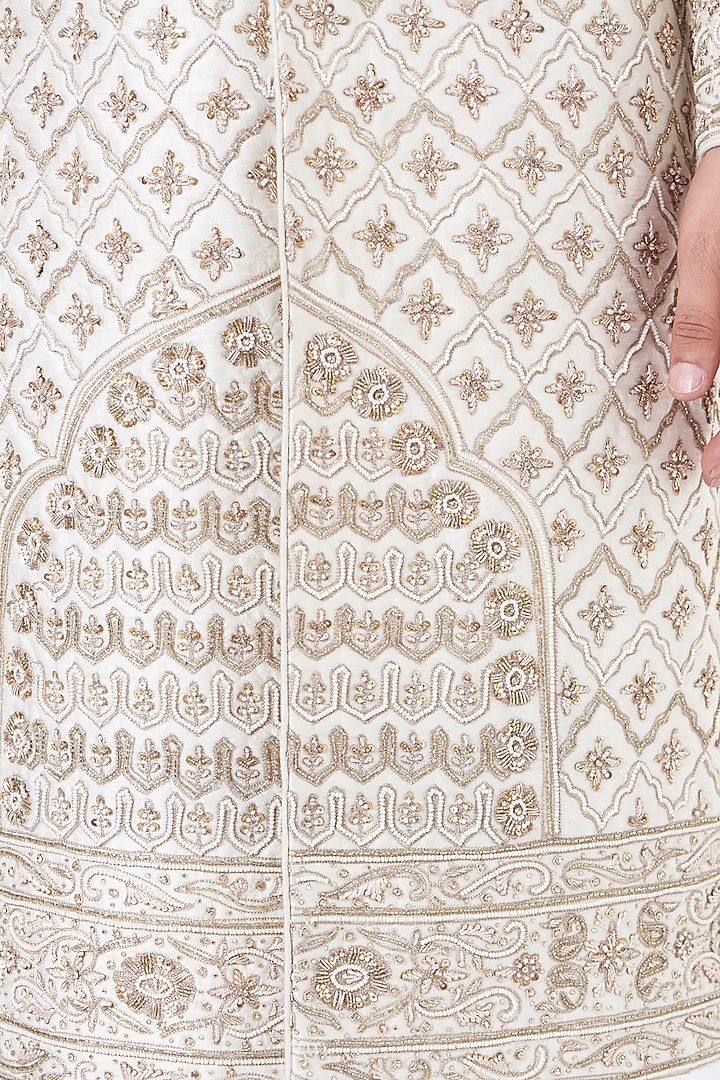 Ivory Velvet Embroidered Groom Sherwani Set by GUJRALS at Pernia's Pop Up Shop