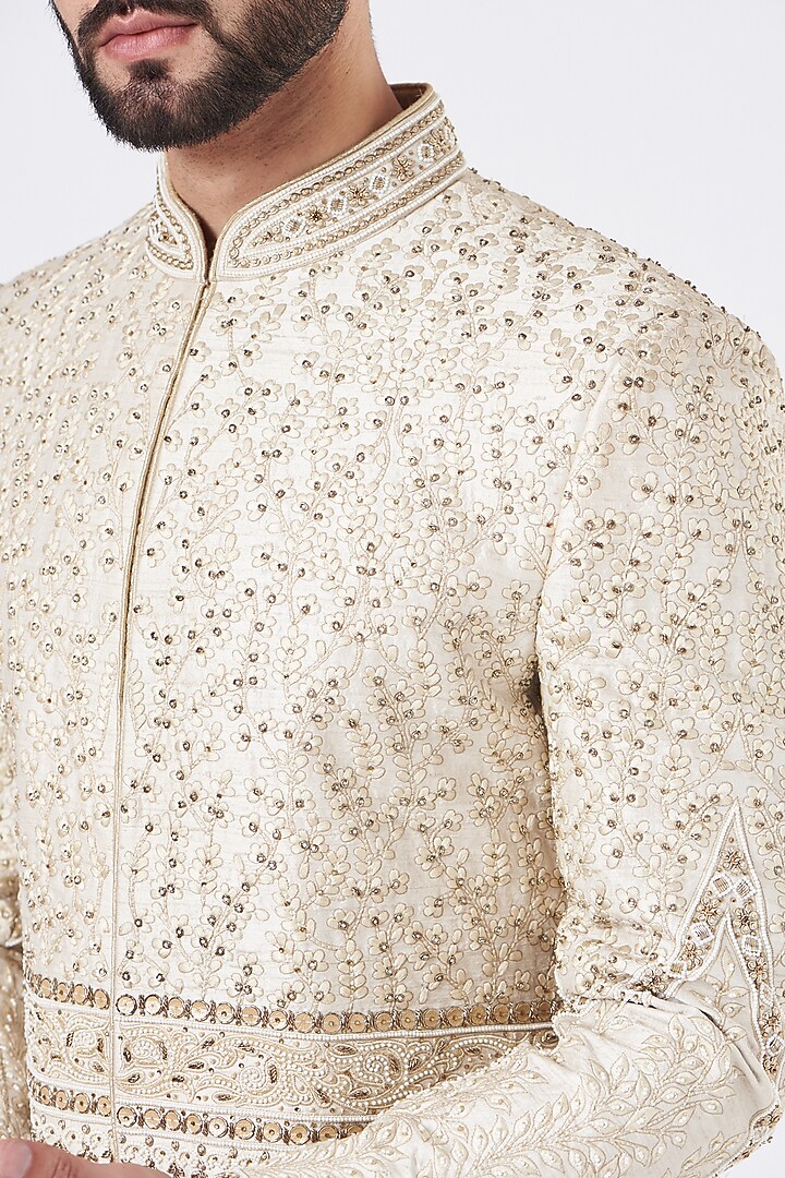 Beige Silk Hand Embroidered Groom Sherwani Set by GUJRALS at Pernia's Pop Up Shop