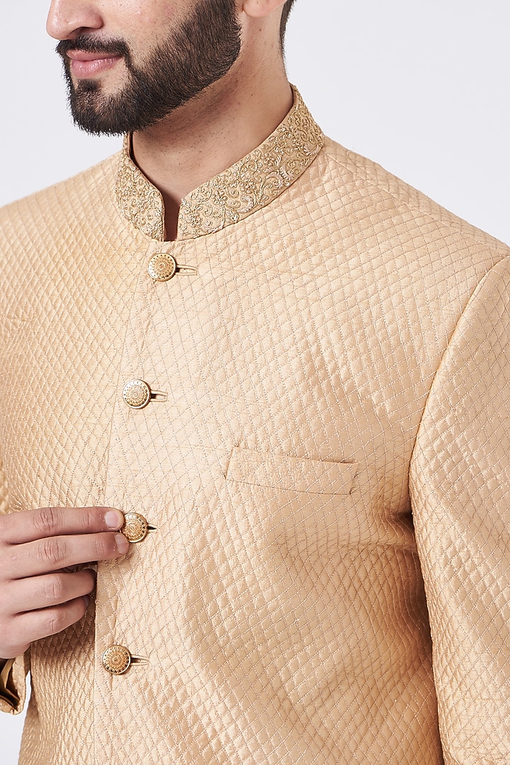 Gold Silk Hand Embroidered Wedding Sherwani Set by GUJRALS at Pernia's Pop Up Shop