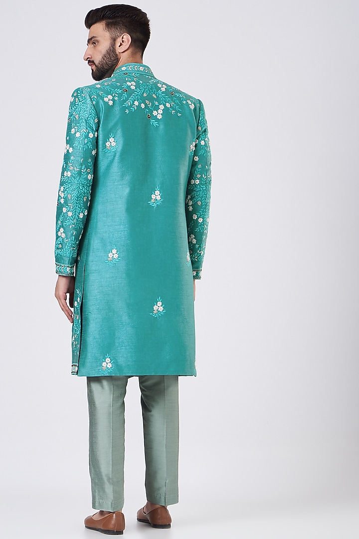 Blue Silk Wedding Indowestern Set by GUJRALS at Pernia's Pop Up Shop