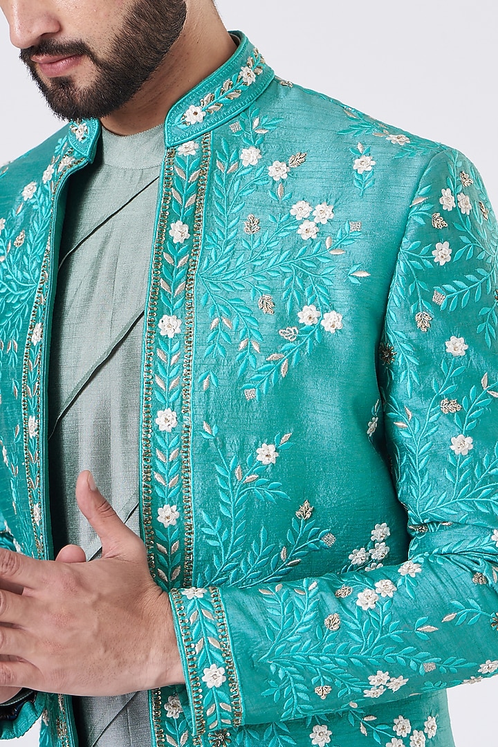 Blue Silk Wedding Indowestern Set by GUJRALS at Pernia's Pop Up Shop
