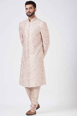Rose Pink Embroidered Sherwani Set by GUJRALS
