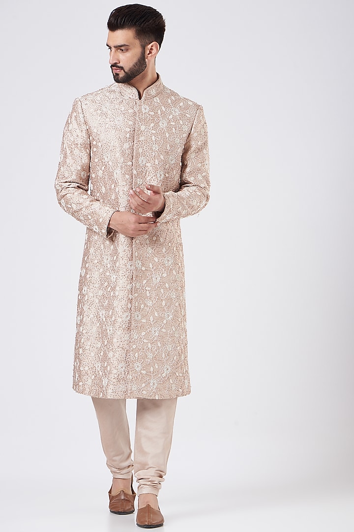 Rose Pink Embroidered Sherwani Set by GUJRALS