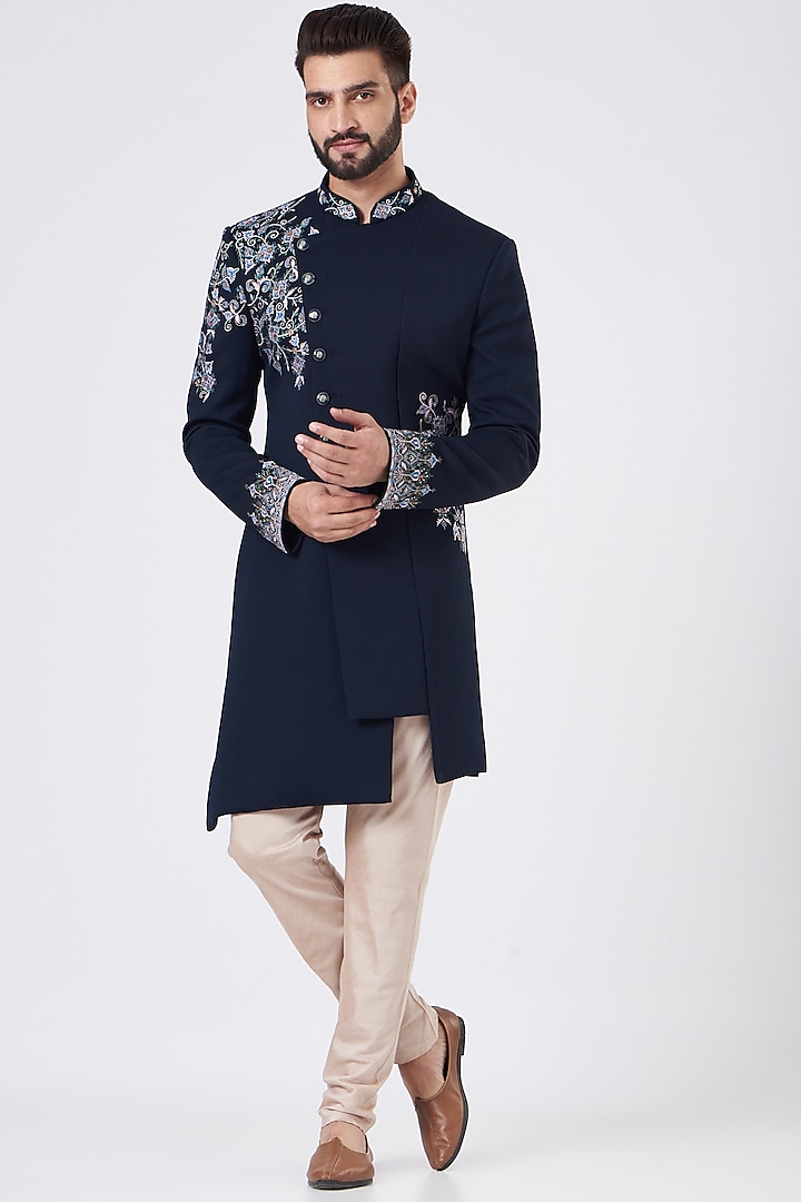 Blue Terry Rayon Embroidered Sherwani Set by GUJRALS