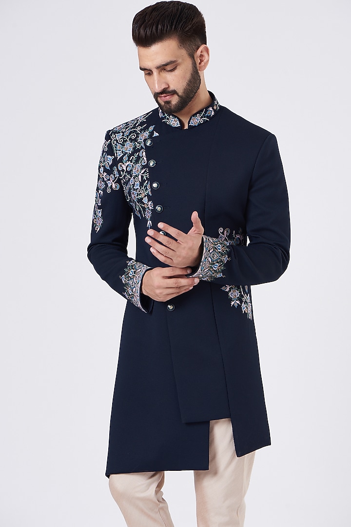 Blue Terry Rayon Embroidered Wedding Indowestern Set by GUJRALS at Pernia's Pop Up Shop