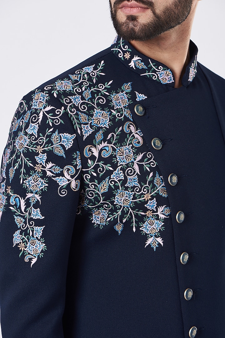 Blue Terry Rayon Embroidered Wedding Indowestern Set by GUJRALS at Pernia's Pop Up Shop