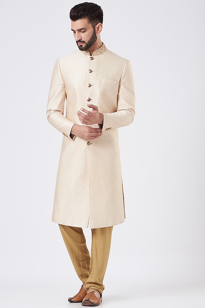 Ivory Embroidered Quilted Sherwani Set by GUJRALS