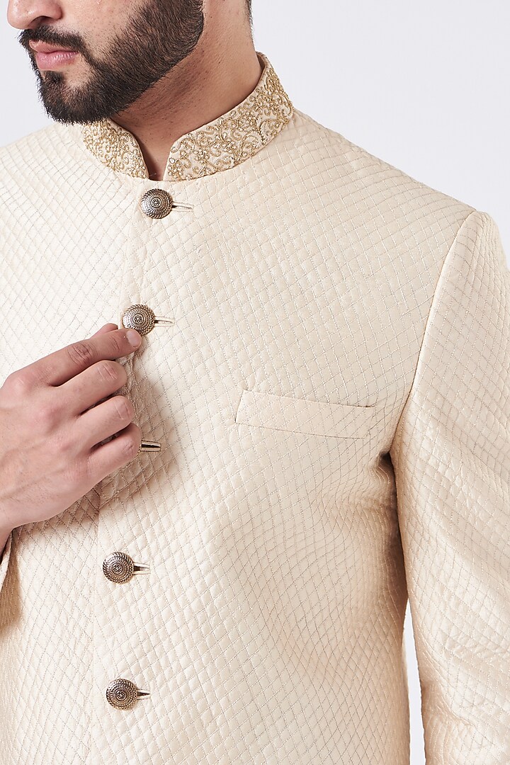 Ivory Embroidered Quilted Wedding Sherwani Set by GUJRALS at Pernia's Pop Up Shop
