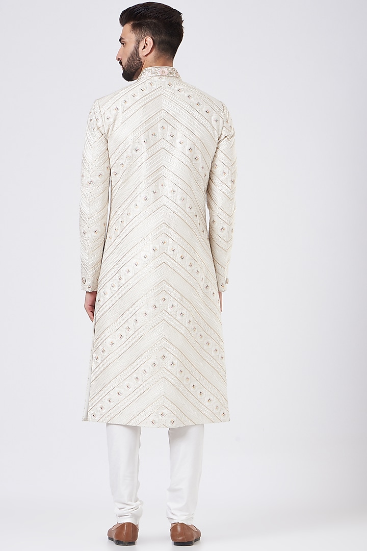 Ivory Silk Embroidered Wedding Sherwani Set by GUJRALS at Pernia's Pop Up Shop