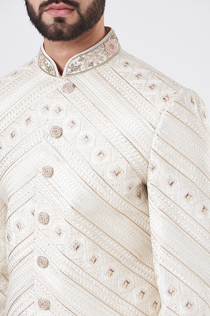 Ivory Silk Embroidered Wedding Sherwani Set by GUJRALS at Pernia's Pop Up Shop