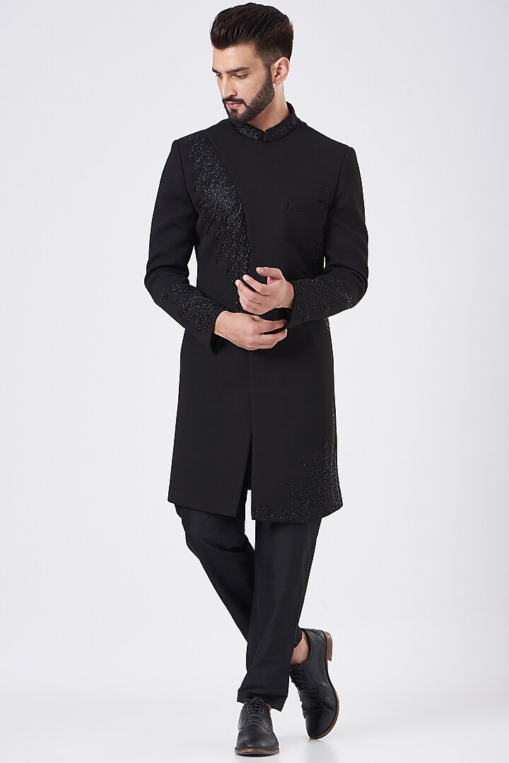 Black Terry Rayon Embroidered Sherwani Set by GUJRALS