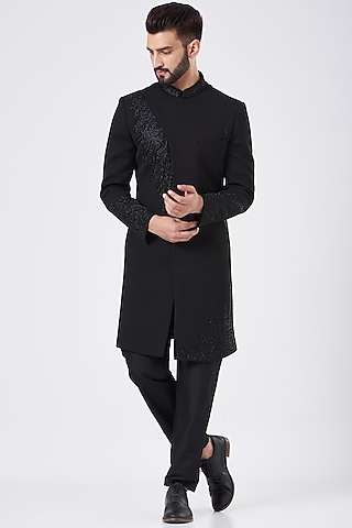 Black Terry Rayon Hand Embroidered Sherwani Set by GUJRALS