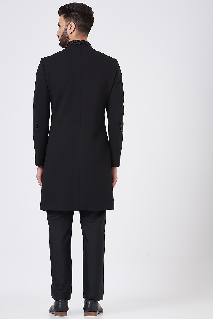 Black Terry Rayon Hand Embroidered Wedding Sherwani Set by GUJRALS at Pernia's Pop Up Shop