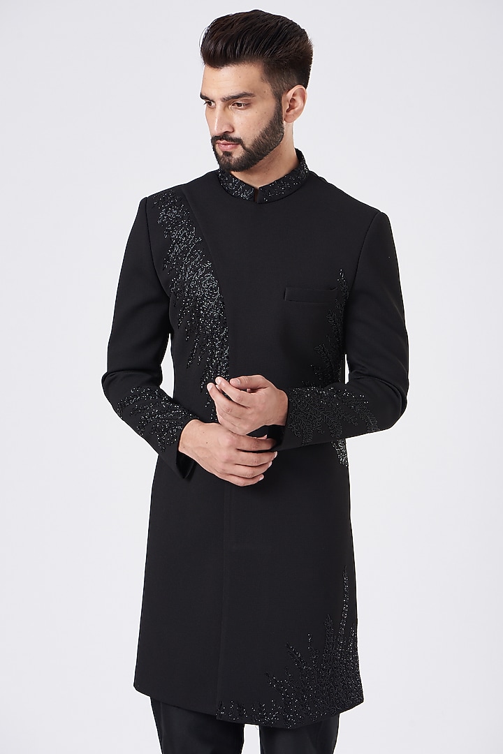 Black Terry Rayon Hand Embroidered Wedding Sherwani Set by GUJRALS at Pernia's Pop Up Shop