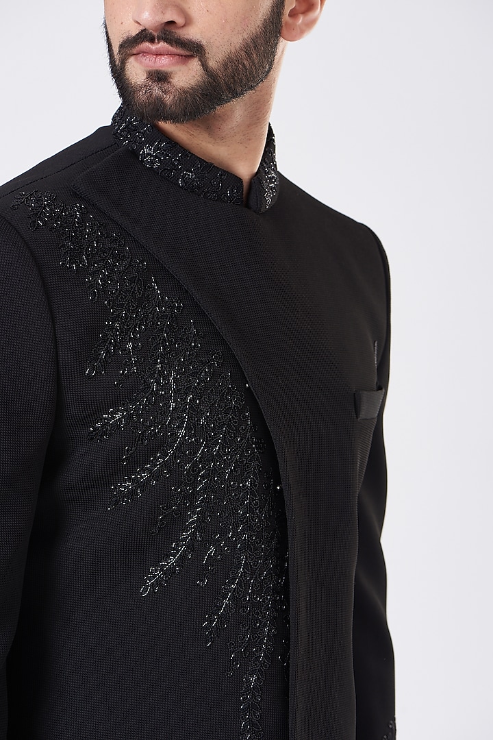 Black Terry Rayon Hand Embroidered Wedding Sherwani Set by GUJRALS at Pernia's Pop Up Shop