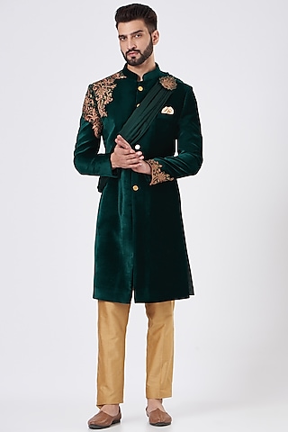 Bottle Green Rayon Hand Embroidered Draped Sherwani Set by GUJRALS