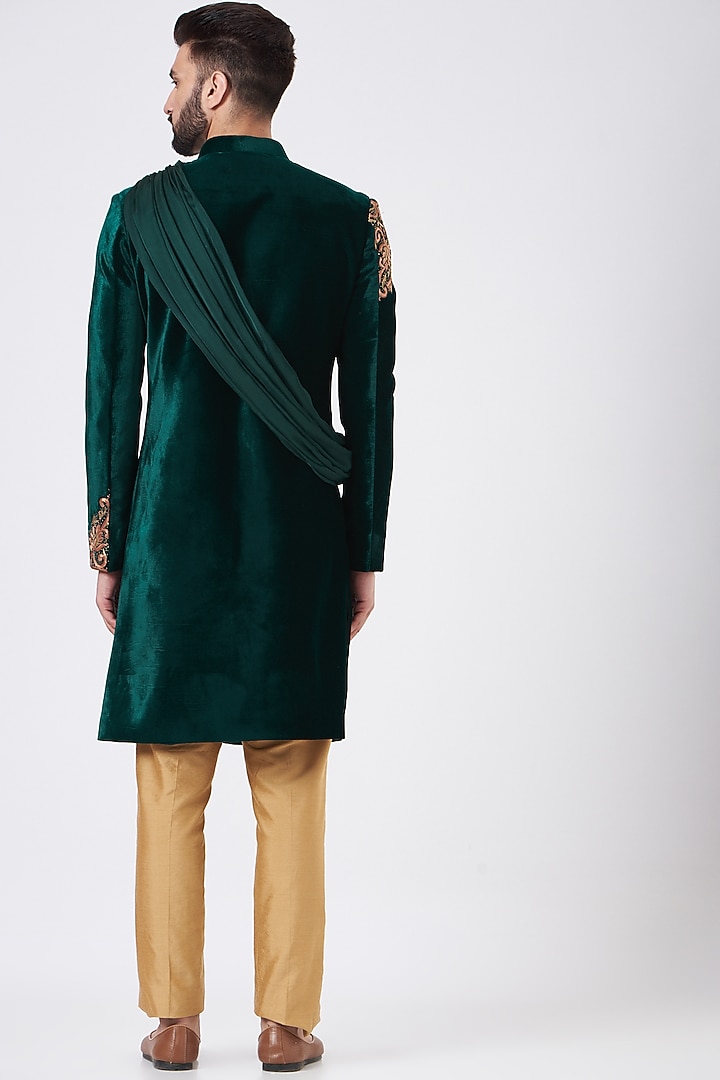 Bottle Green Rayon Hand Embroidered Draped Wedding Sherwani Set by GUJRALS at Pernia's Pop Up Shop